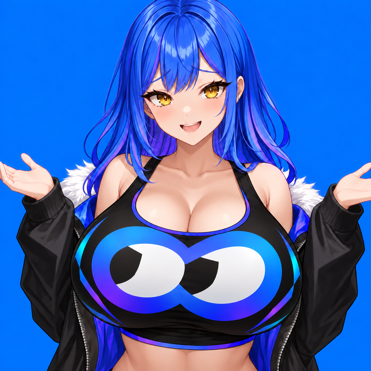 FAP character with vivid blue hair, golden eyes and a large double-eye emblem on her black top