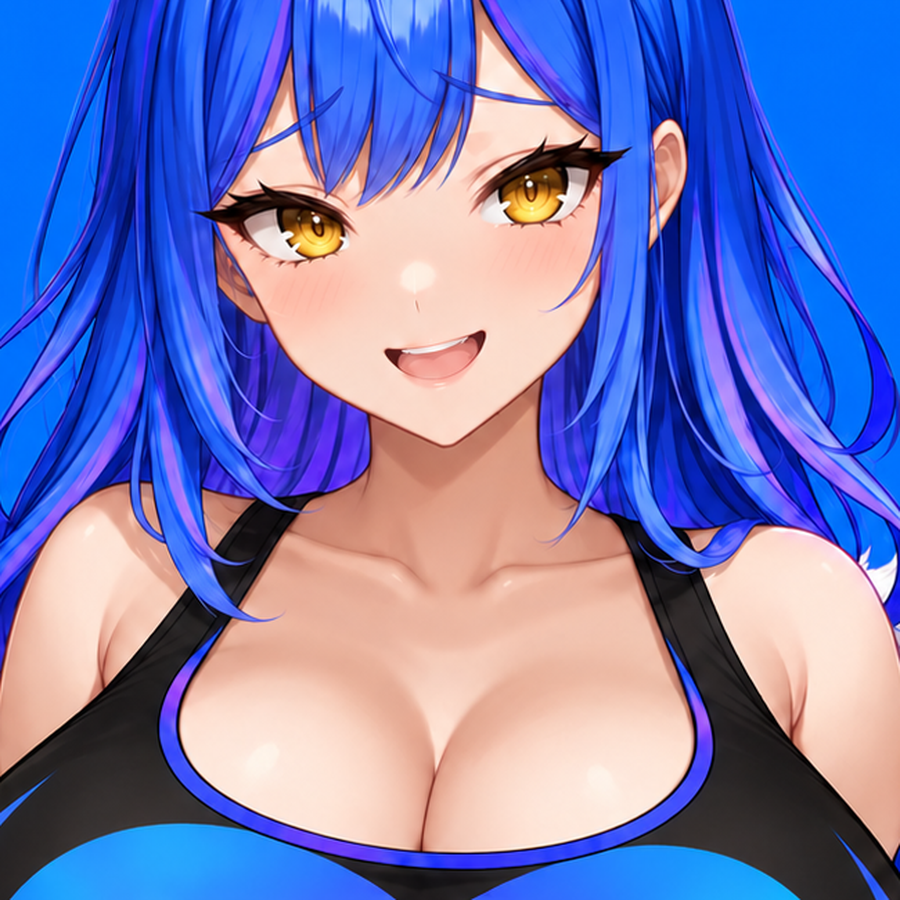 Close-up of FAP's blue hair, golden eyes and playful smile